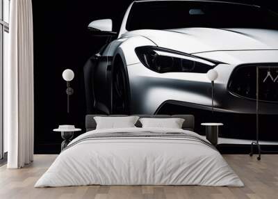 Close up white luxury car on black background with copy space Wall mural