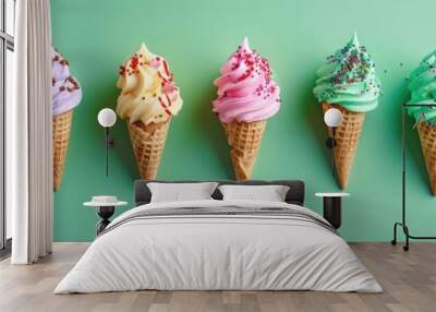 Colorful ice cream in waffle cones on green background, top view Wall mural