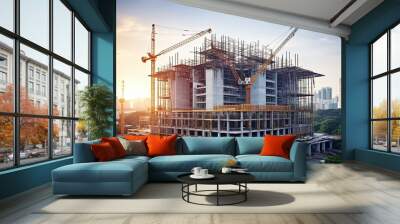 Construction site with cranes and building under construction, panoramic view Wall mural