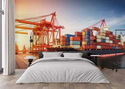 Container Cargo freight ship with working crane bridge at sunset for Logistic Import Export background Wall mural