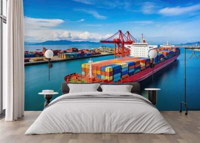 Container Cargo freight ship with working crane bridge at sunset for Logistic Import Export background Wall mural