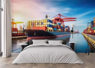 Container Cargo freight ship with working crane bridge at sunset for Logistic Import Export background Wall mural