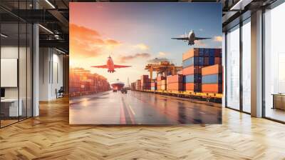 Container Cargo freight ship with working crane bridge in import export and logistics business and transportation concept Wall mural