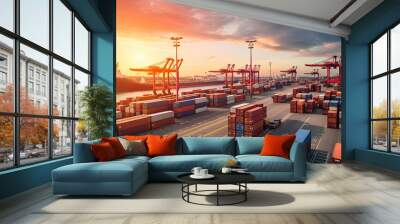 Container Cargo freight ship with working crane bridge in import export and logistics business and transportation concept Wall mural