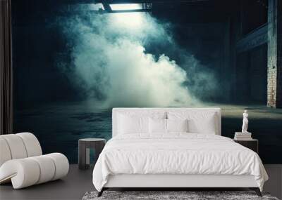 Dark background, concrete floor with smoke and fog, dark scene, spotlights on the ground, background for product presentation Wall mural