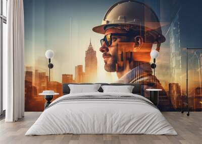 Double exposure of Engineer with safety helmet on construction site background. Engineering and architecture concept Wall mural