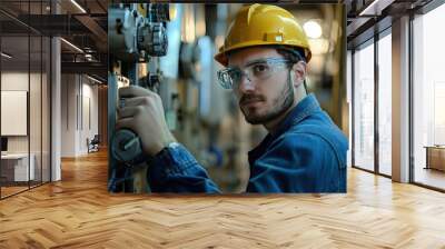 Engineer working in a factory. Industrial people and technology concept Wall mural