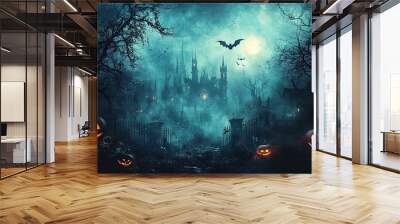 Halloween background with pumpkins, bats and tree silhouettes. Wall mural