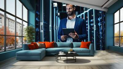 Handsome young businessman using digital tablet while standing in server room Wall mural