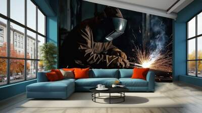 Industrial worker with protective mask welding steel structure in a factory Wall mural