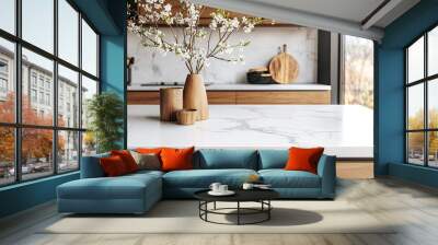 Interior of modern kitchen with gray and wooden walls, concrete floor, white countertops with built in sink and bar with stools Wall mural