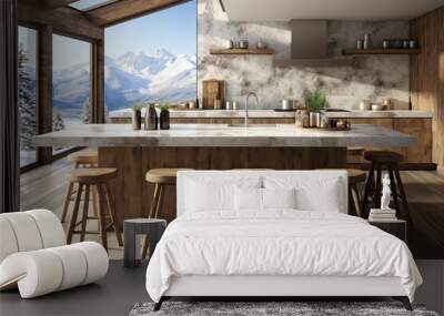 Interior of modern kitchen with gray walls, concrete floor, white marble countertops and bar with stools Wall mural