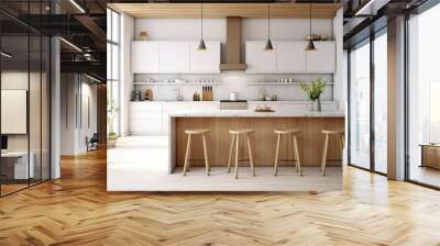 Interior of modern kitchen with white marble countertop and wooden Wall mural