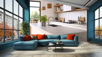 Interior of modern kitchen with white marble countertop and wooden Wall mural