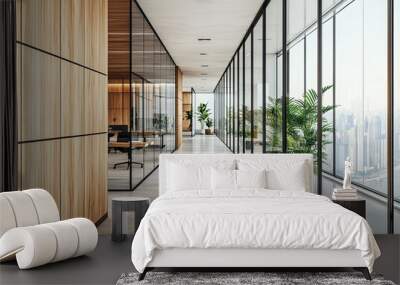 Interior of modern office with wooden walls, concrete floor, panoramic windows and rows of black and wooden computer tables Wall mural