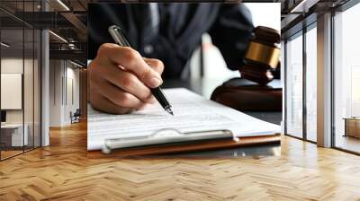 Male lawyer working with contract papers at table in office, closeup Wall mural