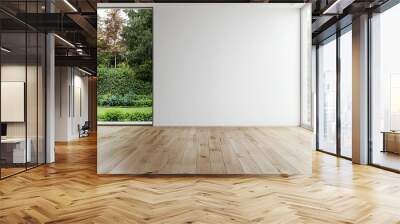 modern, empty room with a white wall and wooden floor. Minimal home interior design of a living space mock-up, with a panoramic window view to the garden landscape outside the glass door Wall mural