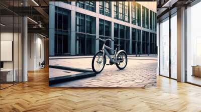 Modern electric white bicycle in front of the modern office glass building on sunny autumn day Wall mural