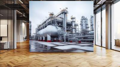 modern petrochemical plant with reactors and converters under heavy sky with copy space Wall mural