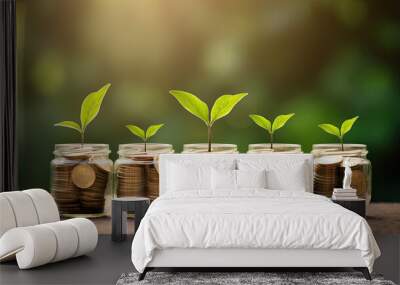 plant growing out of coins in glass jar with filter effect retro vintage style. Investment concept Wall mural