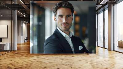 Portrait of handsome businessman in suit looking at camera while standing in office Wall mural