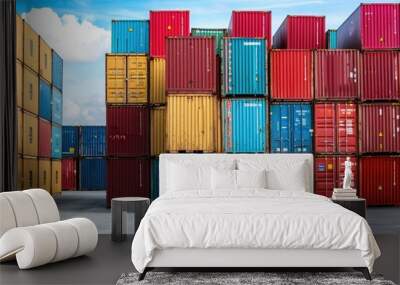 Shipping containers in various colors under a dramatic sunset sky, emphasizing global trade Wall mural