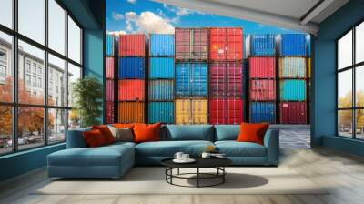 Shipping containers in various colors under a dramatic sunset sky, emphasizing global trade Wall mural