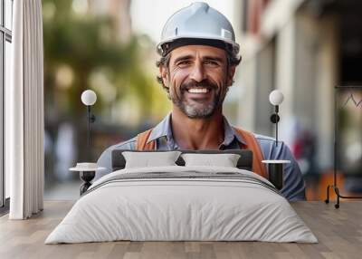 smiling male worker in a hardhat standing at a construction site Wall mural