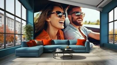 transport, road trip, technology and people concept - smiling couple driving in car, travel concept Wall mural