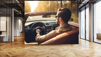 Young man driving a convertible car on the road in the mountains Wall mural