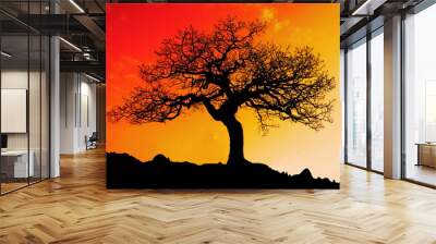 Alone tree with sun and color red orange yellow sky Wall mural