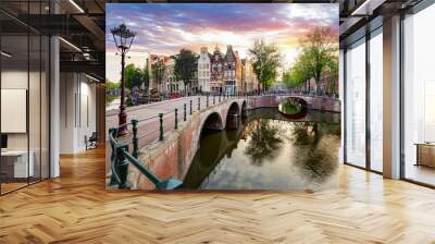 Amsterdam Canal houses at sunset reflections, Netherlands Wall mural