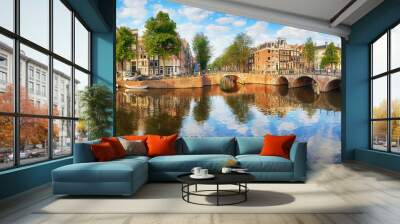 Amsterdam Canal houses  vibrant reflections, Netherlands, panorama Wall mural