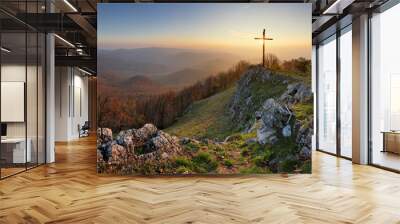 Autumn mountain panorama in Small Karpaty with cross Wall mural