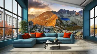 Beautiful dramatic sunset in the mountains. Landscape with sun, Slovakia Tatras panorama Wall mural