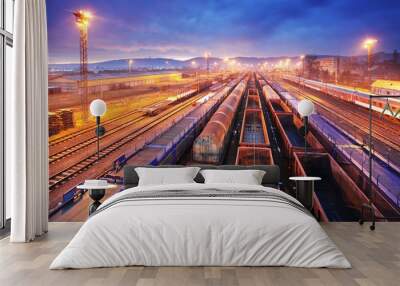 Cargo train platform at night - Freight trasportation Wall mural