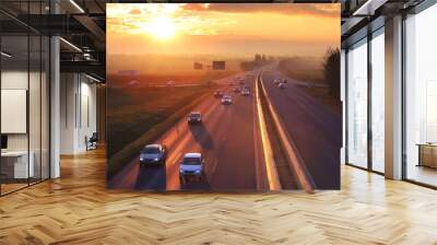 Cars on highway, cargo transportation concept. Wall mural