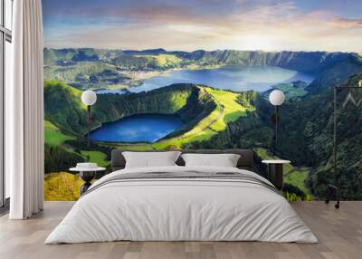 Dramatic sunset over Sete Cidades volcanic lake - panorama landscape, Azores, Portugal Wall mural