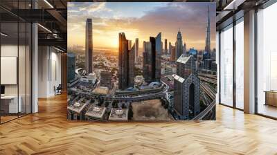 Dubai downtown district skyline at dramatic sunrise, United Arab Emirates - aerial view Wall mural