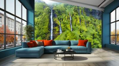 Green waterfall tropical landscape - Ribeira do Ferreira, green paradise hidden in Flores Island, Azores, Portugal, Pozo da Alagoinha Wall mural