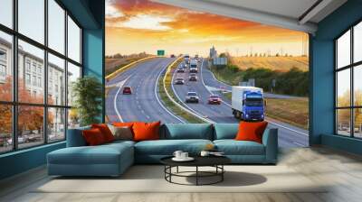 highway transportation with cars and truck Wall mural