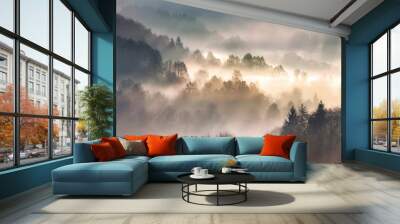 Mist in forest with sunbeam rays, Woods landscape Wall mural