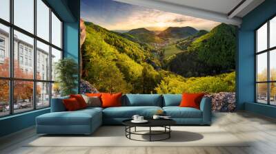 Panorama of forest and mountain in Carpathian with sun, Slovakia Wall mural