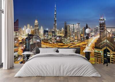 Panorama of skyline downtown Dubai - Aerial view at night, United Arab Emirates Wall mural