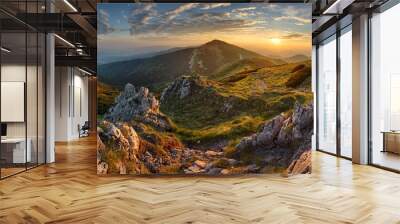 Panorama rocky mountain at sunset in Slovakia Wall mural