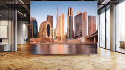 Panoramic view of Dubai Creek and sunrise city skyline, United Arab Emirates, night Dubai ultra modern skyline Wall mural