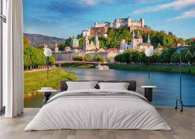 Panoramic view of Salzburg skyline with Festung Hohensalzburg and river Salzach, Salzburger Land, Austria Wall mural