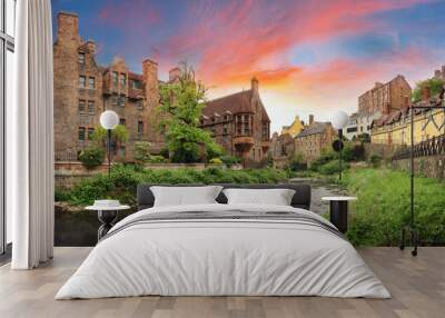 Scotland landscape - Dean village panorama in Edinburgh dramatic sunset, UK Wall mural