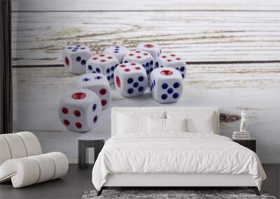 White dice on wooden background.  Concept of luck, chance and leisure fun. Wall mural