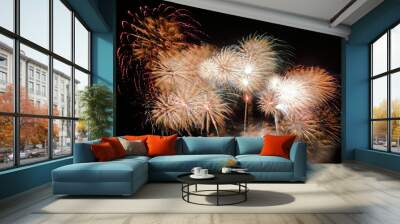 Festive colorful fireworks on night sky background. Celebratory holiday Wall mural